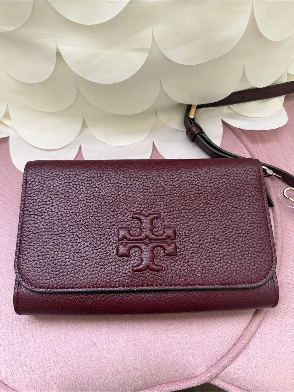 Tory Burch Burgundy Pebbled Leather Crossbody Wallet